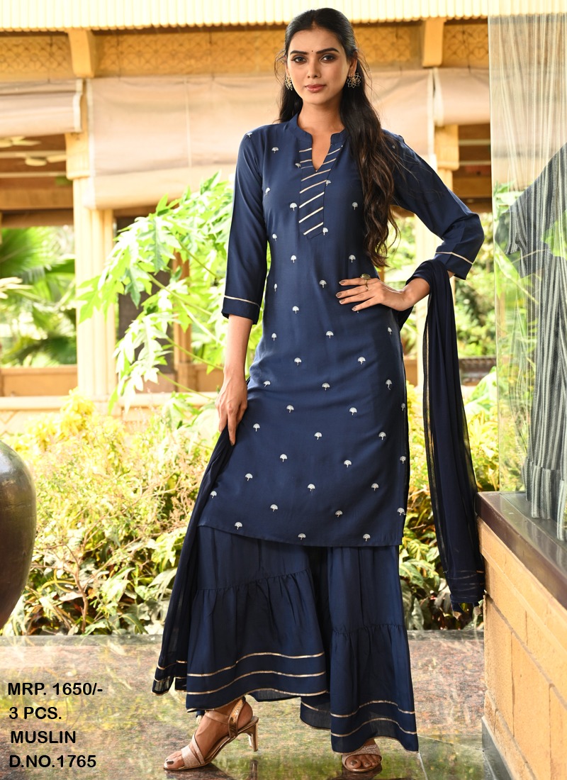 Buy Jaipur Kurti Women Navy Blue & Green Woven Design Kurta With Trousers &  Dupatta - Kurta Sets for Women 9000189 | Myntra